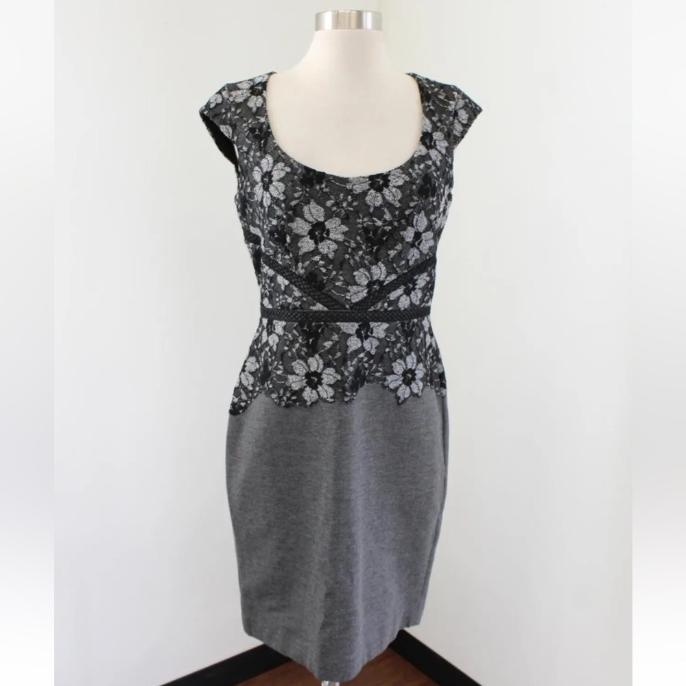 Ann Taylor Gray Black Floral Lace Cap Sleeve Dress With Detailed Waist Size 4